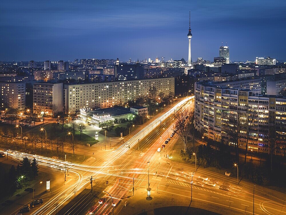 Traces of Light, Illuminated Crossing, Berlin Television Tower and Platz der Vereinten Nationen in the Evening, Berlin, Germany, Europe