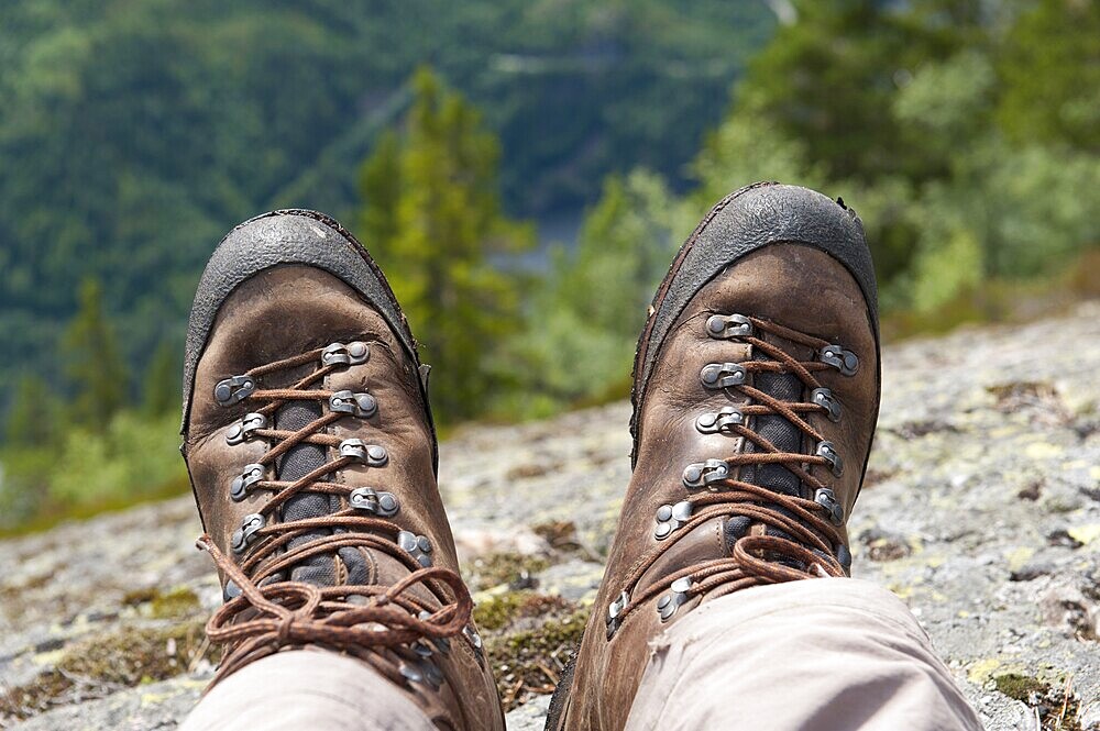 Hiking, trekking, pair of hiking boots, Lårdalstigen near Dalen, Lardalstigen, Telemark, Norway, Scandinavia, Northern Europe, Europe