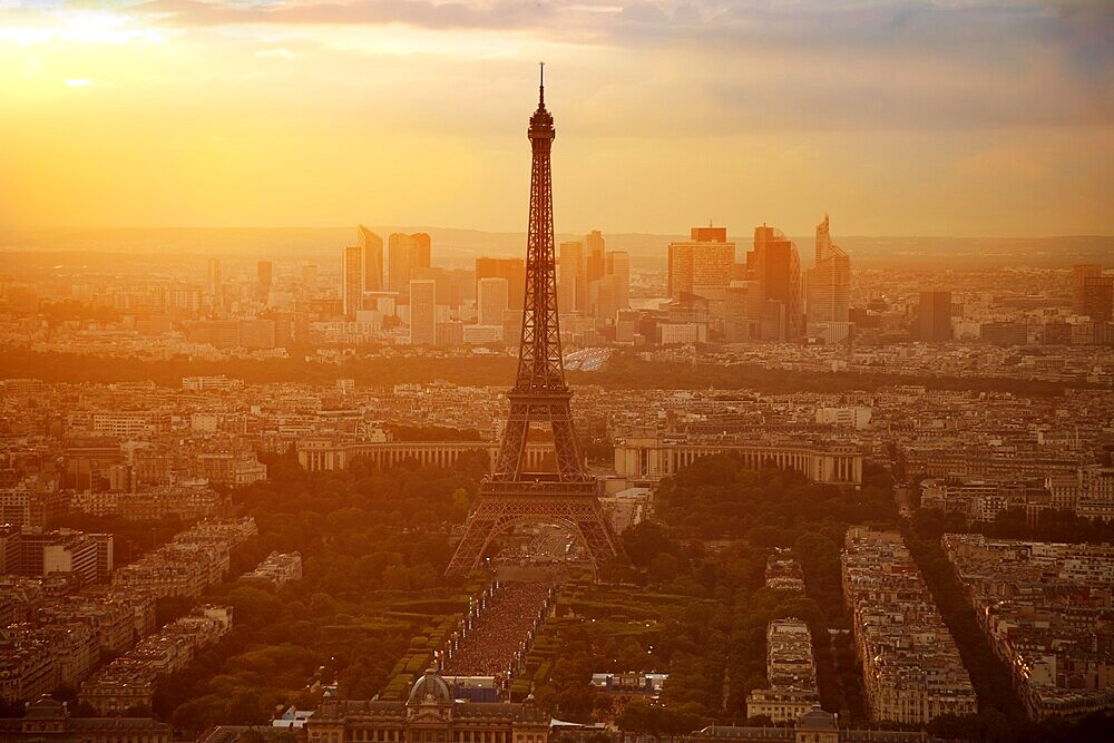 Eiffel Tower in Paris aerial sunset at France