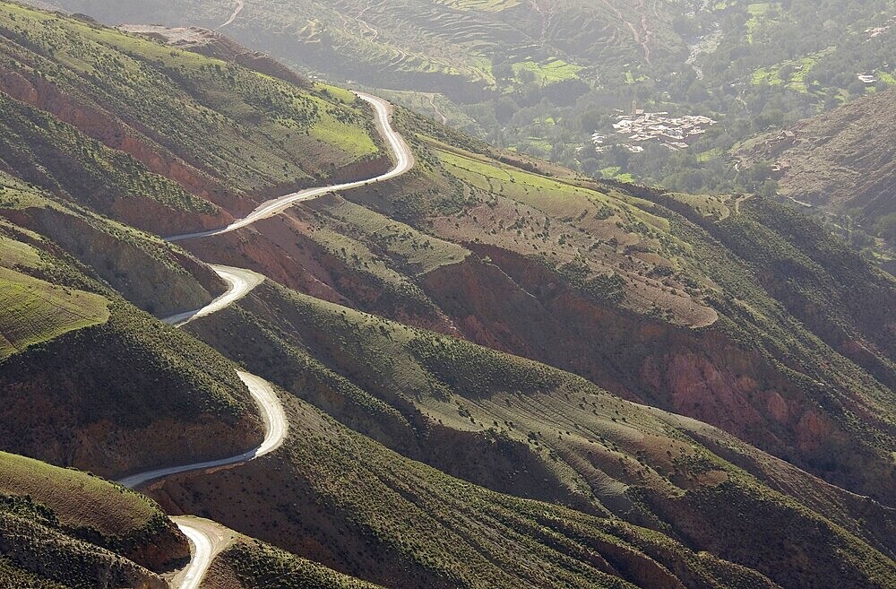 The Tizi-n-Test mountain pass cuts right through the High Atlas mountains being the most direct route from Marrakesh to Taroudant, a berber village in the valley, Morocco, Africa