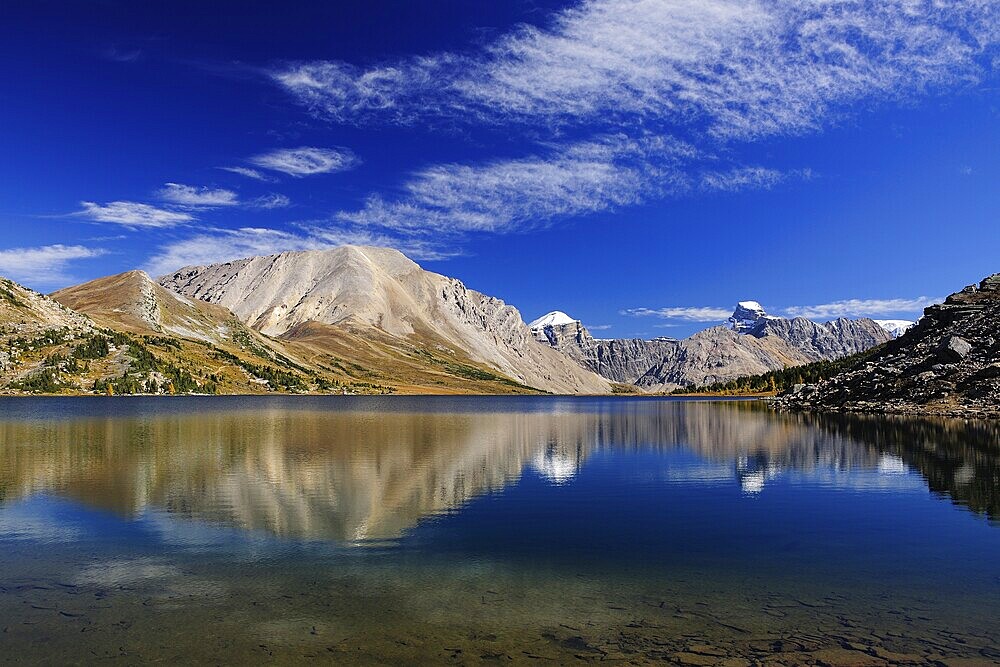 View on a hike from Lake Louise to Skoki Lodge in the Rocky Mountains, Ptarmigan Lake, Banff National Park, Alberta, Canada, North America