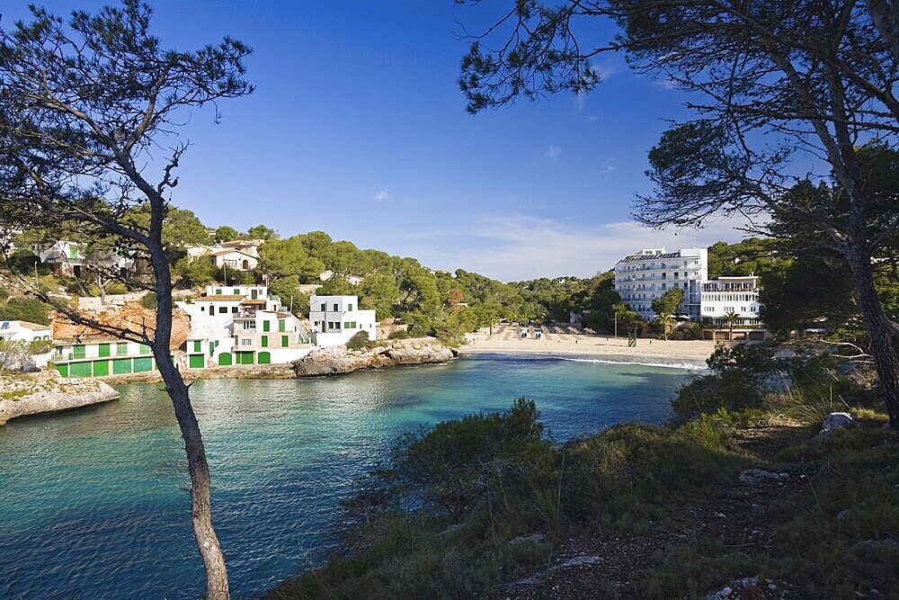 Bay and hotel of Cala Santanyi, Mallorca, Majorca, Balearic Islands, Spain, Europe