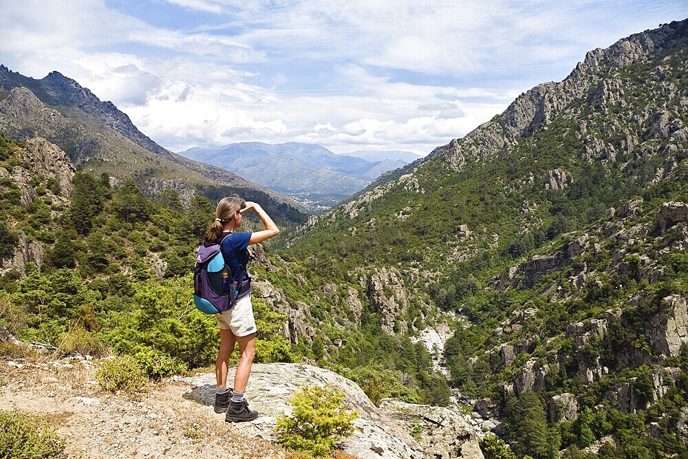 Woman hiking in Tavignano-Valley, Corsica, France, Europe