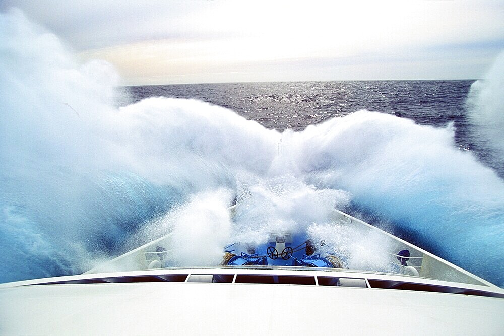 Wave hitting bow of a cruise ship, Drake Passage or Mar de Hoces, Southern Ocean, South Polar Ocean, Antarctica