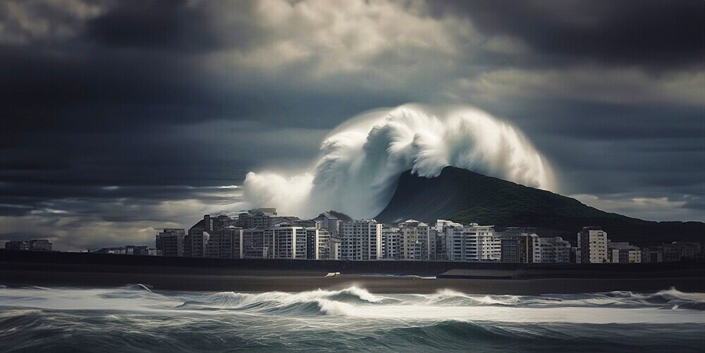 Tsunami and flood in the city, flooding of the eastern city, AI generated