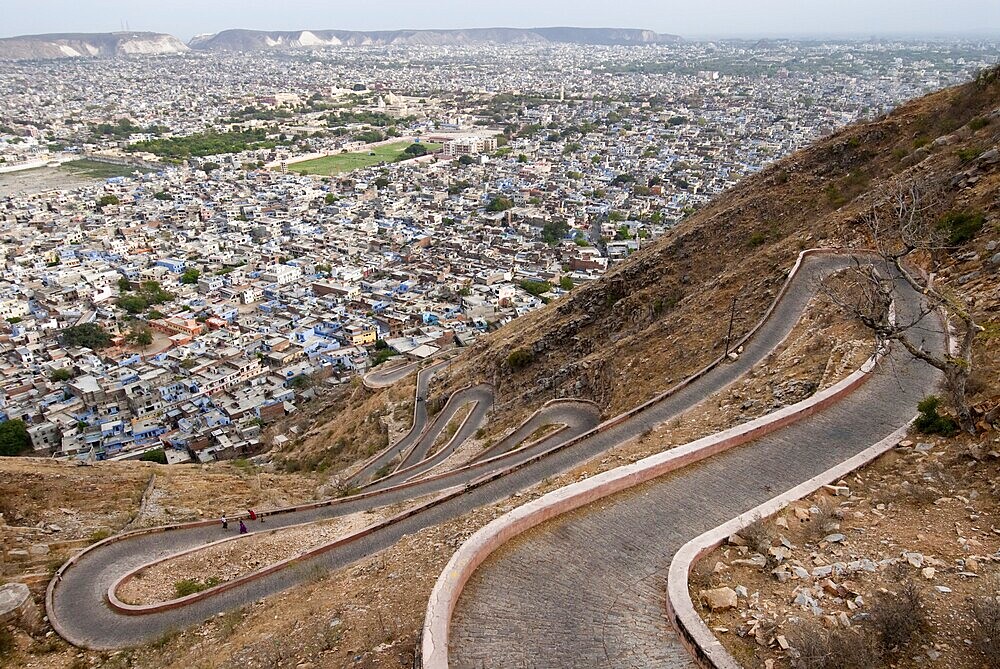 Serpentine road and views of Jaipur, Rajasthan, India, Asia