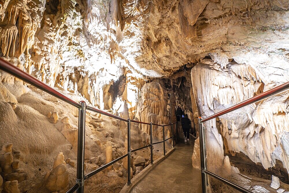 Tourists walking on a footpath and exploring the magnificent postojna cave in slovenia, a popular tourist attraction