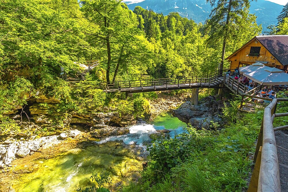 Wooden bridge and restaurant above radovna river flowing through vintgar gorge near bled, slovenia, during a sunny summer day