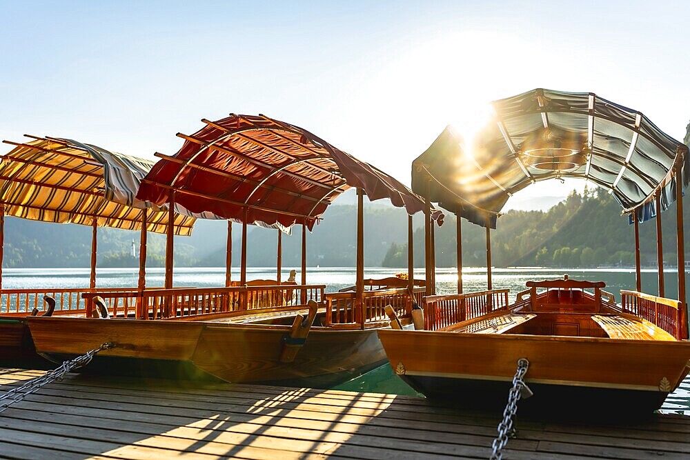 Wooden tourist boats, known as pletnas, moored at a pier on lake bled in slovenia, bathed in the golden light of sunrise