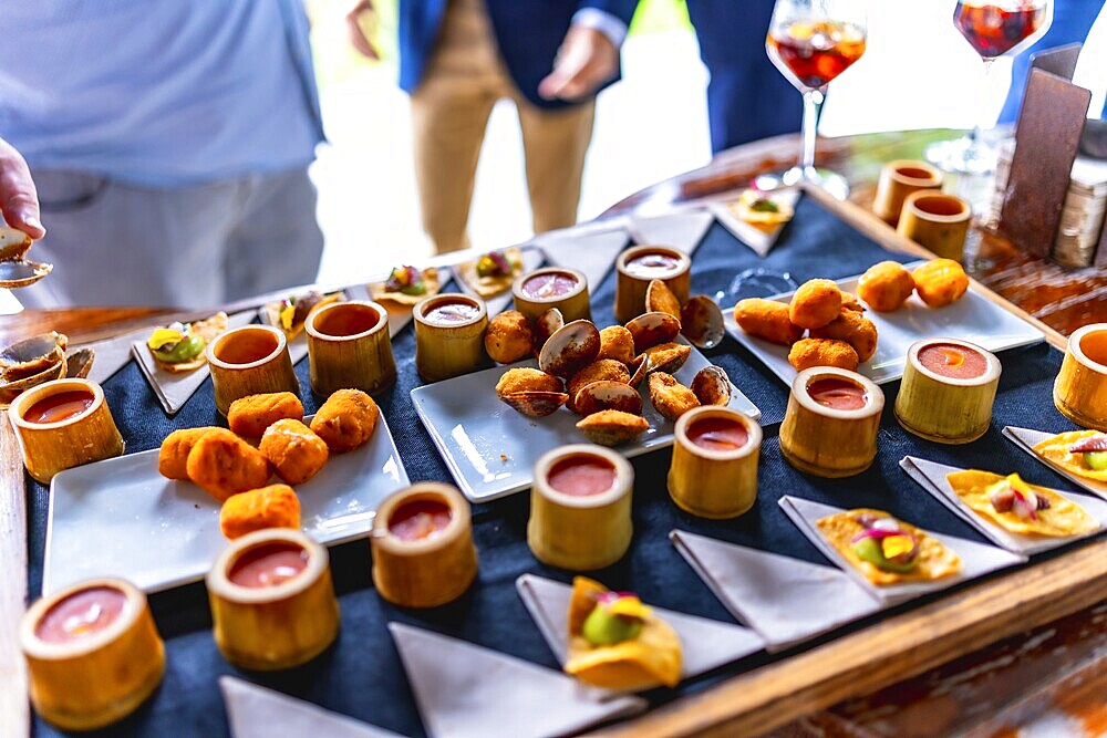 Gourmet appetizers beautifully arranged on a tray at a wedding reception, featuring various finger foods and drinks, creating an elegant dining experience
