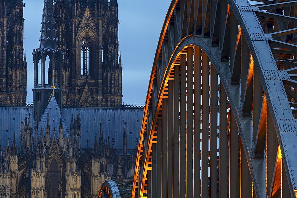 Cologne Cathedral and the Hohenzollern Bridge illuminated with LED lights, Cologne, North Rhine-Westphalia, Germany, Europe