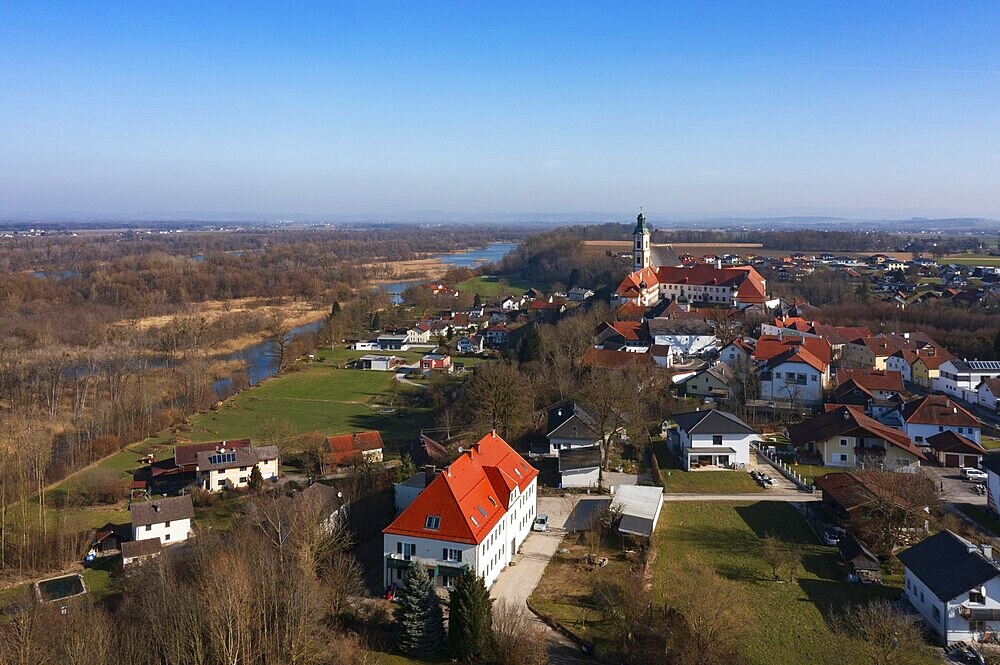 Drone shot, view of the village with Augustinian monastery Reichersberg, Reichersberg, Innviertel. Upper Austria, Austria, Europe