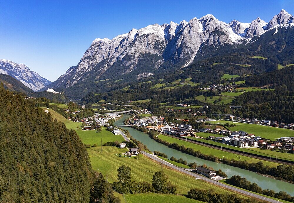 Drone image, settlement area, view of village with church, Pfarrwerfen, Tennengebirge, Salzachtal, Pongau, Salzburg province, Austria, Europe