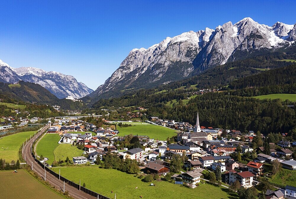 Drone image, settlement area, view of village with church, Pfarrwerfen, Tennengebirge, Salzachtal, Pongau, Salzburg province, Austria, Europe