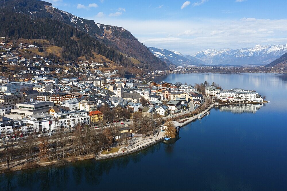 Drone shot, city view, Zell am See, Zeller See, Pinzgau, Land Salzburg, Austria, Europe