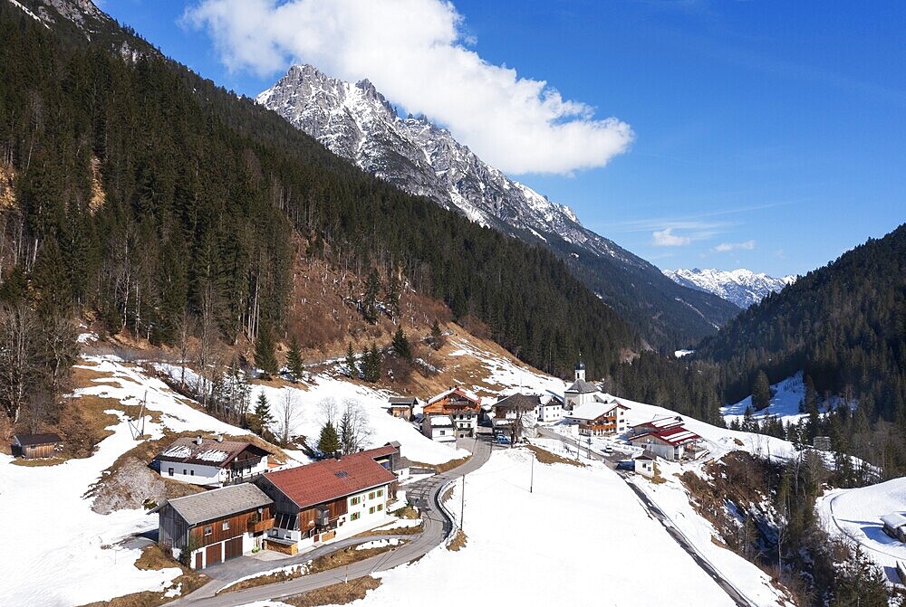 Drone image, view of the village with parish church, Hinterhornbach, Hornbachtal, Reutte district, Tyrol, Austria, Europe