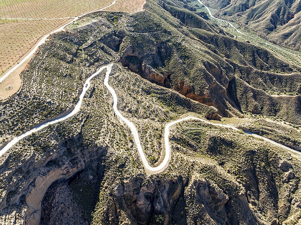 Canyons and gorges near village Gorafe, winding road, aerial view, Gorafe Desert, UNESCO Granada Geopark, Granada province, Andalusia, Spain, Europe