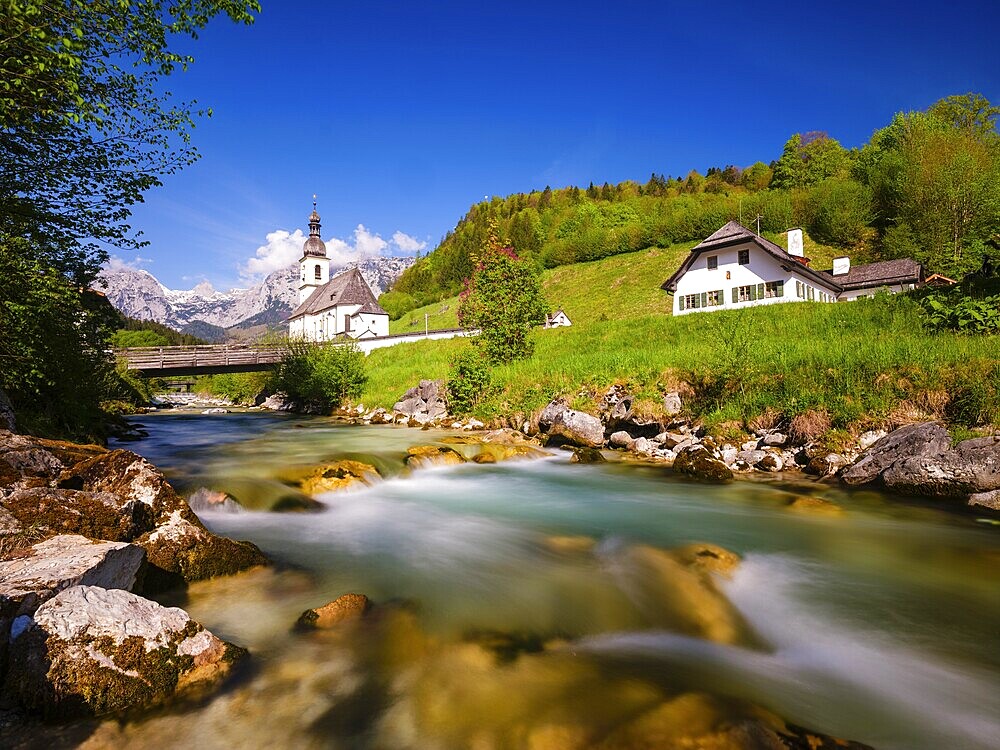 Parish church of St Sebastian on the Ramsauer Ache, behind Reiteralpe, Ramsau, Berchtesgadener Land, Upper Bavaria, Bavaria, Germany, Europe
