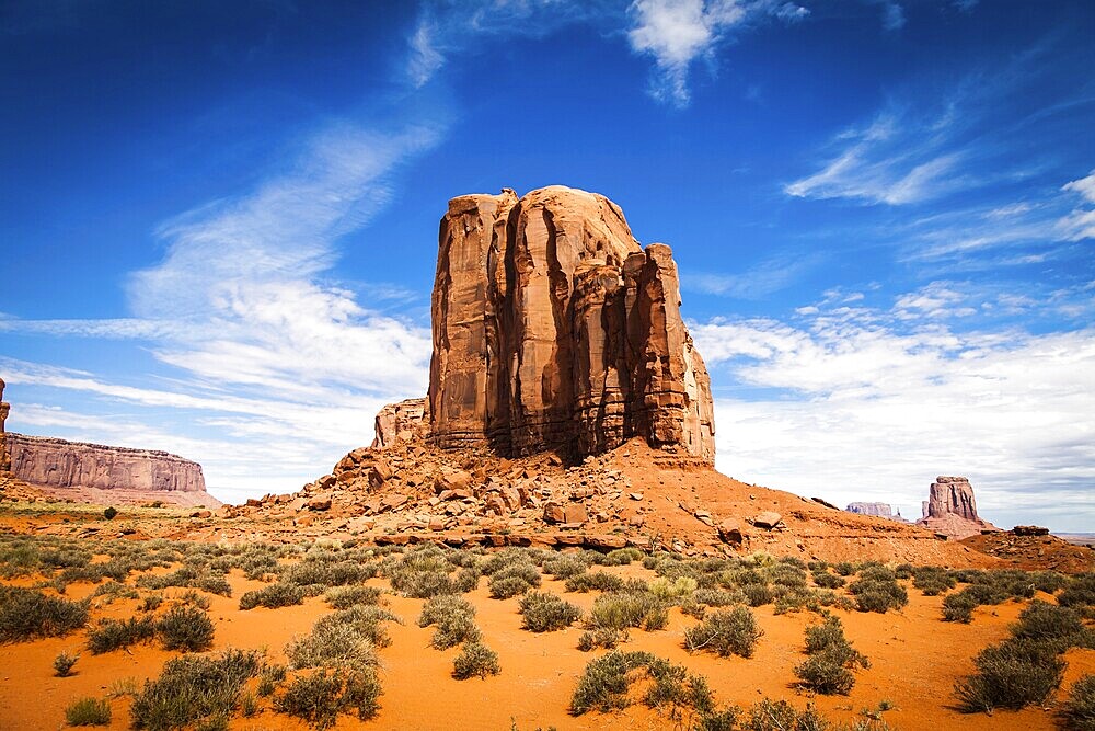 Complementary colours blue and orange in this iconic view of Monument Valley, USA, North America