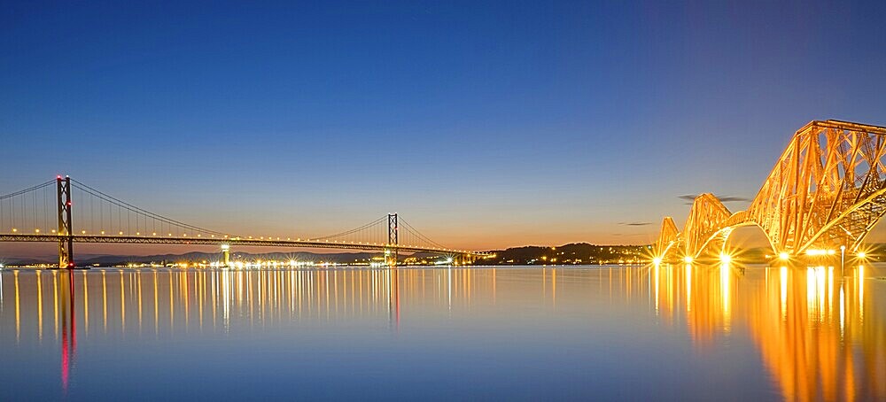 The bridges over the Firth of Forth in Scotland after sunset