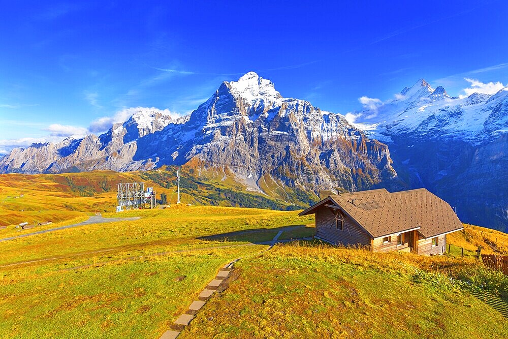 Grindelwald First, Switzerland aerial Swiss Alps mountains panorama landscape, wooden chalet and high snow peaks in background
