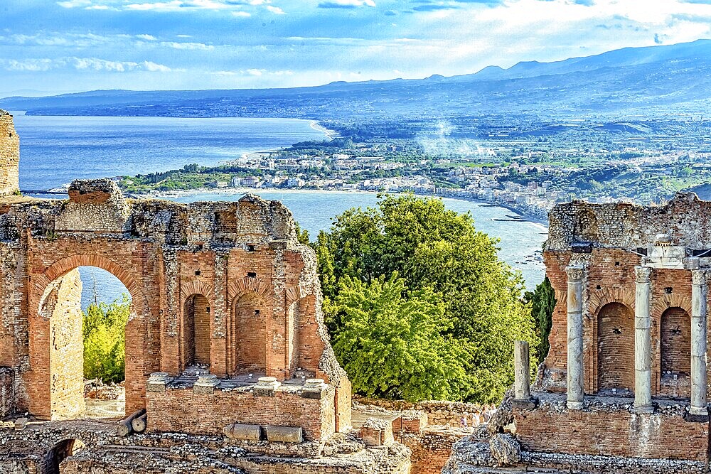 Greek theatre of Taormina, bay of Giardini-Naxos in Sicily