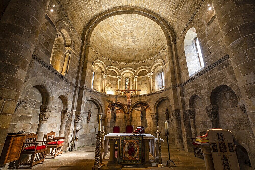 San Martín de Elines, apse and chancel with overlapping blind arches, Valderredible region, Cantabria, Spain, Europe