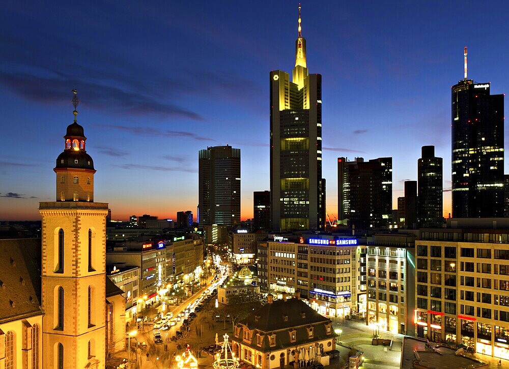 Frankfurt skyline at dusk near Hauptwache, Hesse, Germany Frankfurt, Germany, Europe