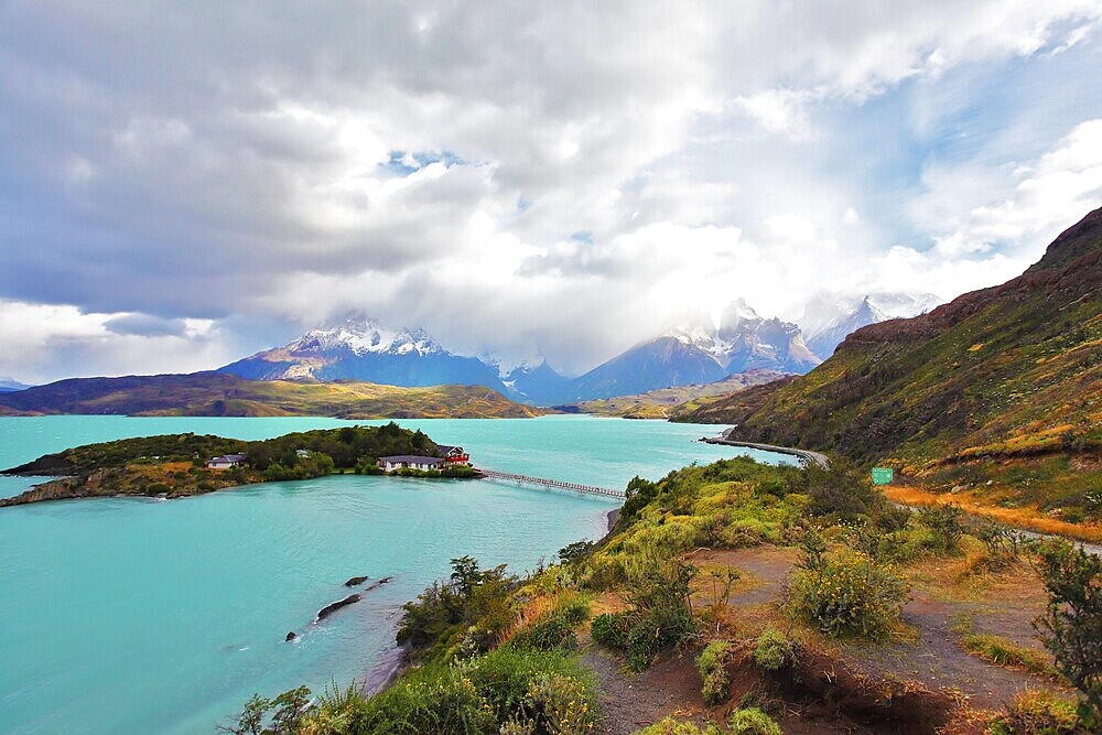Beautiful Patagonia. Snow-capped mountains and emerald lake. Park Torres del Paine in southern Chile