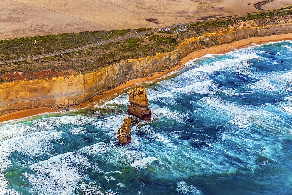 Gorgeous Ocean Turquoise Surf. Helicopter flight. Australia. The Twelve Apostles and Great Ocean Road. The concept of extreme, active and photo tourism