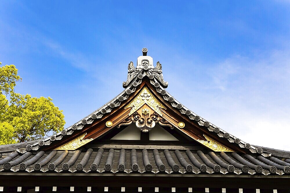 Temple roof. Decor element. Flower Temple by Kameido Tenjin. The temple is dedicated to the politician Sugawara no Michizane, the patron saint of students