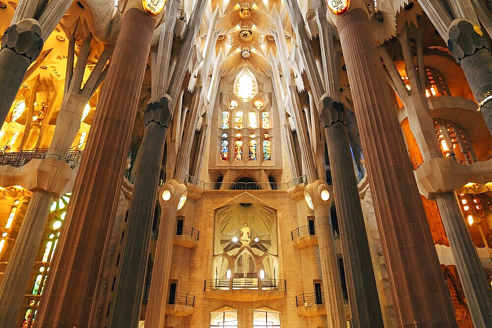 Barcelona, Spain - 15 December 2019: Sagrada Familia interiors - columns, vaults, stained glass and ceiling in Barcelona, Spain, Europe