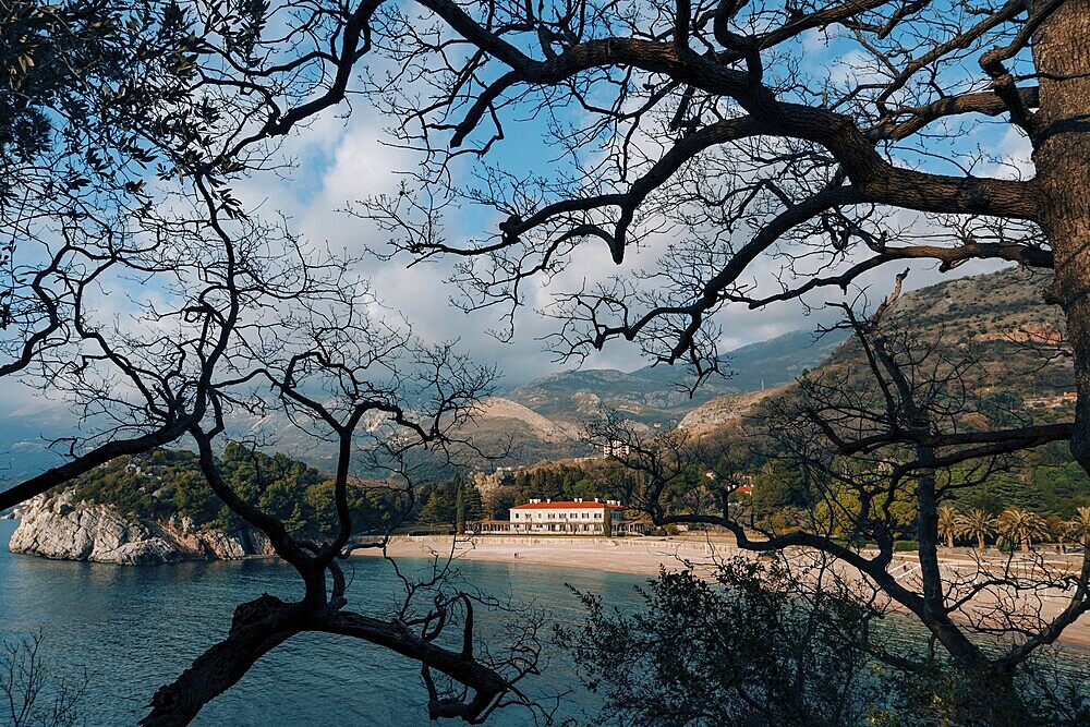 The park Milocer, Villa, beach Queen. Near the island of Sveti Stefan in Montenegro. Wide frame
