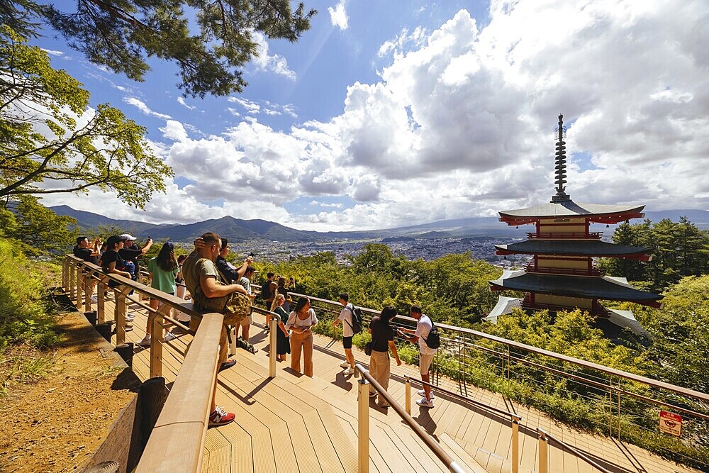 FUJIYOSHIDA CITY, JAPAN - SEPT 17TH, 2024: Arakura Fuji Sengen-jinja Shrine in Arakurayama Sengen Park on a hot autumn morning in Fujiyoshida City, Japan, Asia