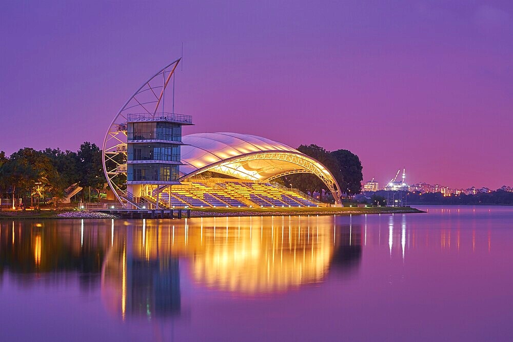 PUTRAJAYA, MALAYSIA - January 02, 2016 : Water Sport Center, located at Putrajaya, Malaysia, captured in beautiful night scene with purple sky, Asia