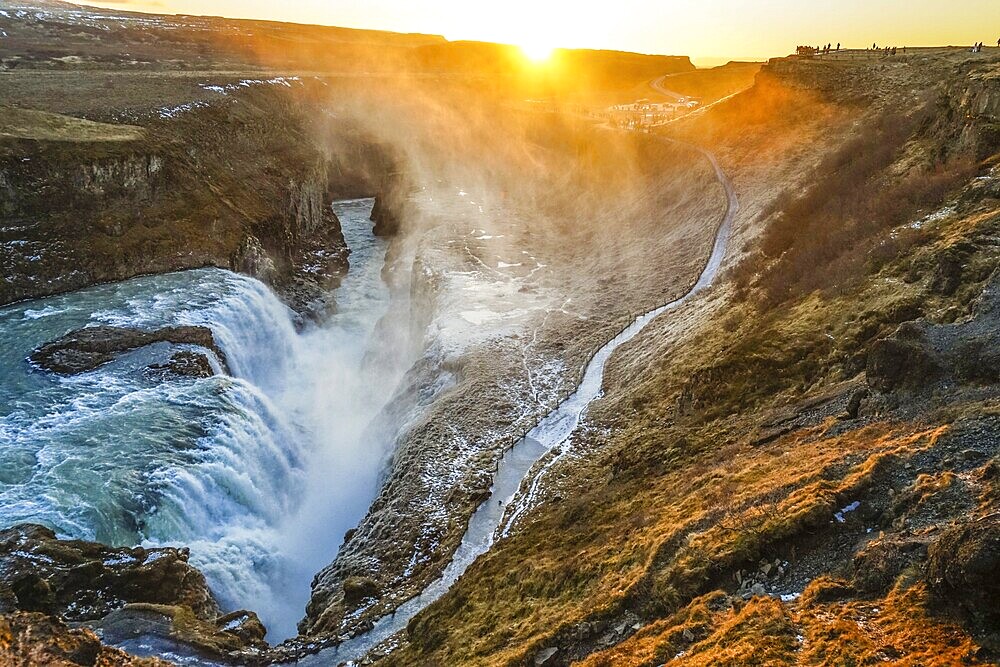 Waterfall and the sunrise of Iceland Gullfoss. Shooting Location: Iceland, Reykjavik
