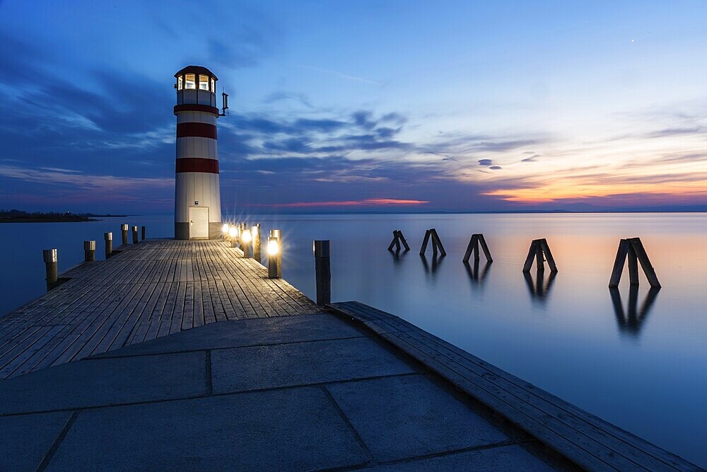Lighthouse after sunset, blue hour, long exposure, Podersdorf am See, Lake Neusiedl, Burgenland, Austria, Europe