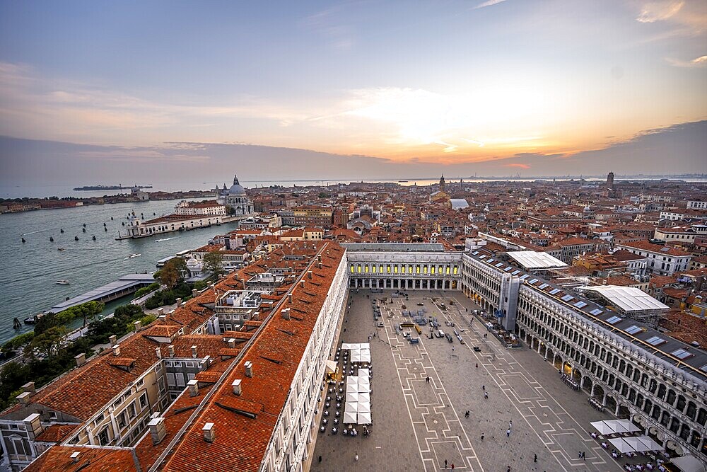 Panorama, St Mark's Square and Basilica di Santa Maria della Salute on the Grand Canal at sunset, view from the Campanile di San Marco bell tower, city view of Venice, Veneto, Italy, Europe