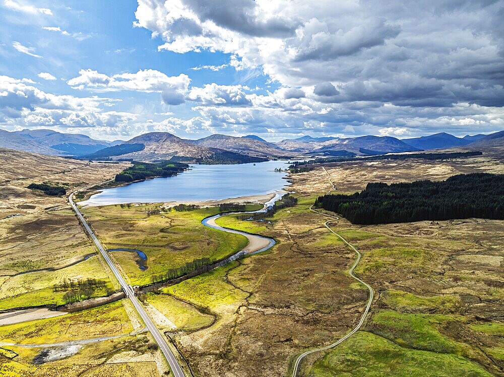 Mountains and Moors over Loch Tulla and River Orchy from a drone, Highlands, Scotland, UK