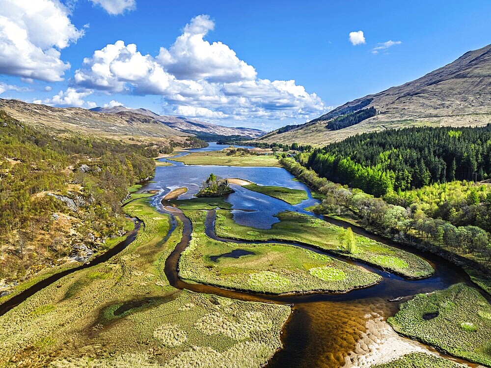 Loch Dochart and River Fillan from a drone, Highlands, Scotland, United Kingdom, Europe