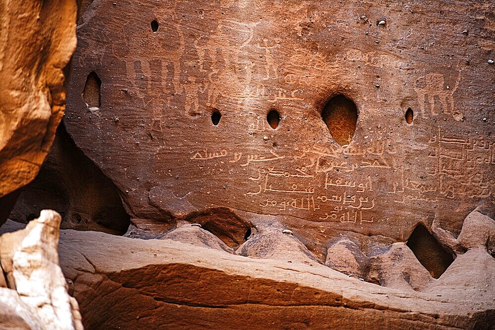 Petroqlyphs, rock carvings, Unesco site Maidain Saleh or Hegra, Al Ula, Kingdom of Saudi Arabia