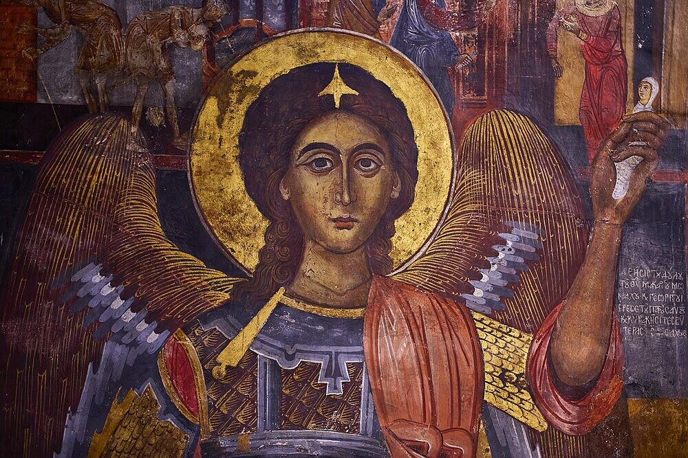 Fresco of an angel with golden halo and wings in Orthodox style, Easter 2025, Church of the Dormition of the All-Holy God Bear, Kimisis tis Theotokou, Asklipio, Rhodes, Dodecanese, Greek Islands, Greece, Europe