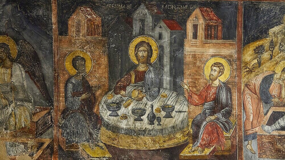 A fresco of the Last Supper with saints, dominating gold and brown tones, Easter 2025, Church of the Dormition of the All-Holy God Bear, Kimisis tis Theotokou, Asklipio, Rhodes, Dodecanese, Greek Islands, Greece, Europe