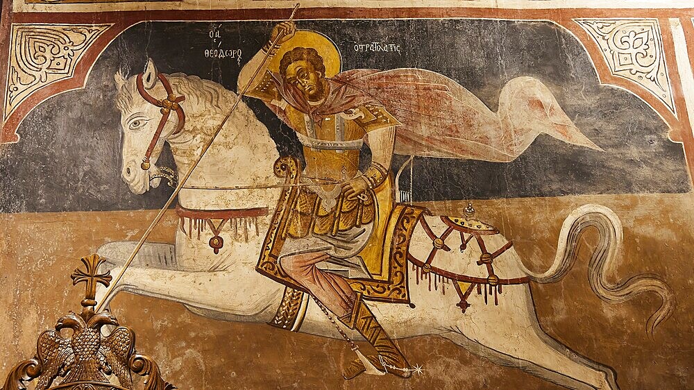 Religious depiction of an armoured rider on a white horse, Thari Monastery, Moni Thari, near Gadouras Reservoir, lonely mountain region, Rhodes, Dodecanese, Greek Islands, Greece, Europe