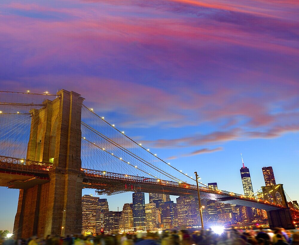 Brooklyn bridge and Manhattan skyline on July 4th New York USA