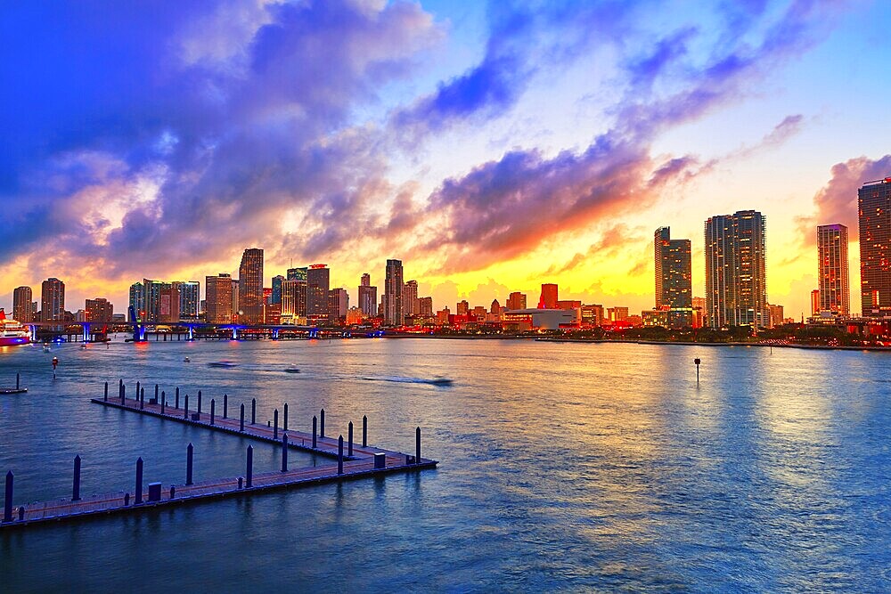 Miami downtown skyline sunset in Florida USA