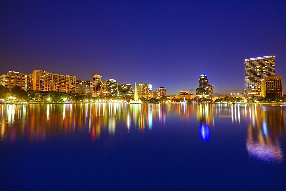 Orlando skyline sunset at lake Eola in Florida USA