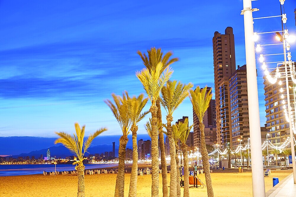 Benidorm skyline at sunset beach in Alicante of Apain