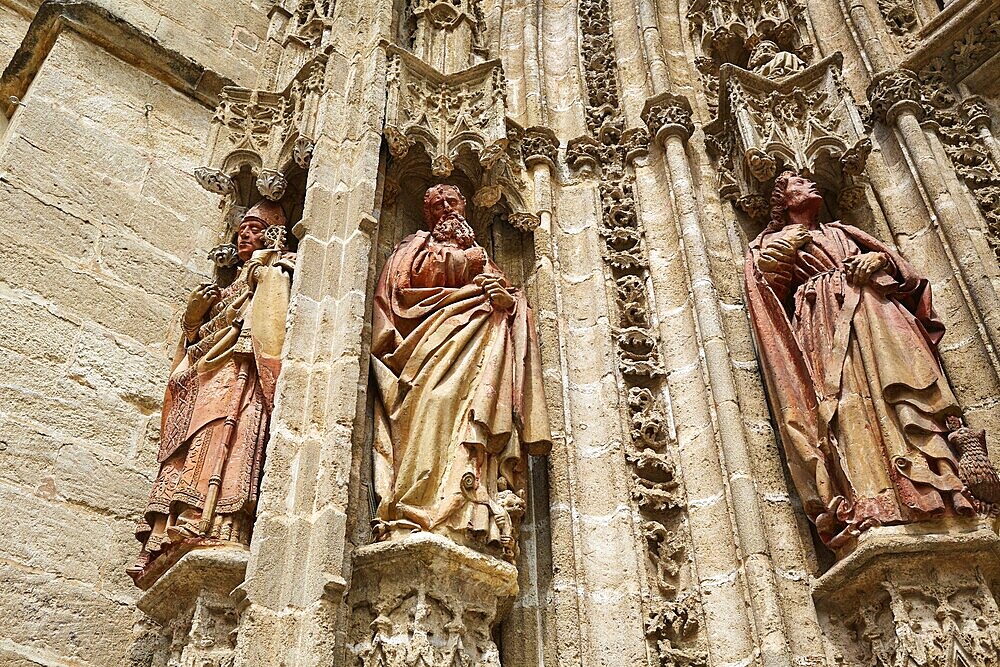 Seville cathedral facade in Constitucion avenue of Sevilla Andalusia Spain