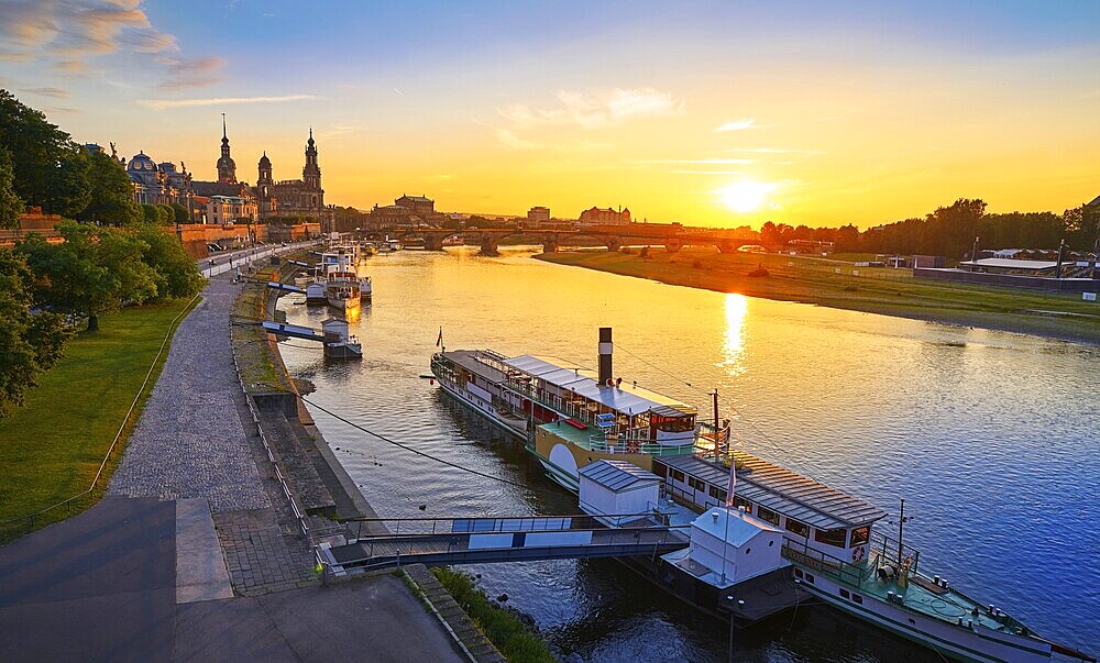 Dresden skyline reflecion in Elbe river at sunset in Saxony of Germany